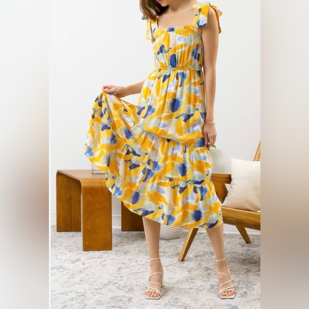 By the river Vibrant Yellow and Blue High Low Dress size L